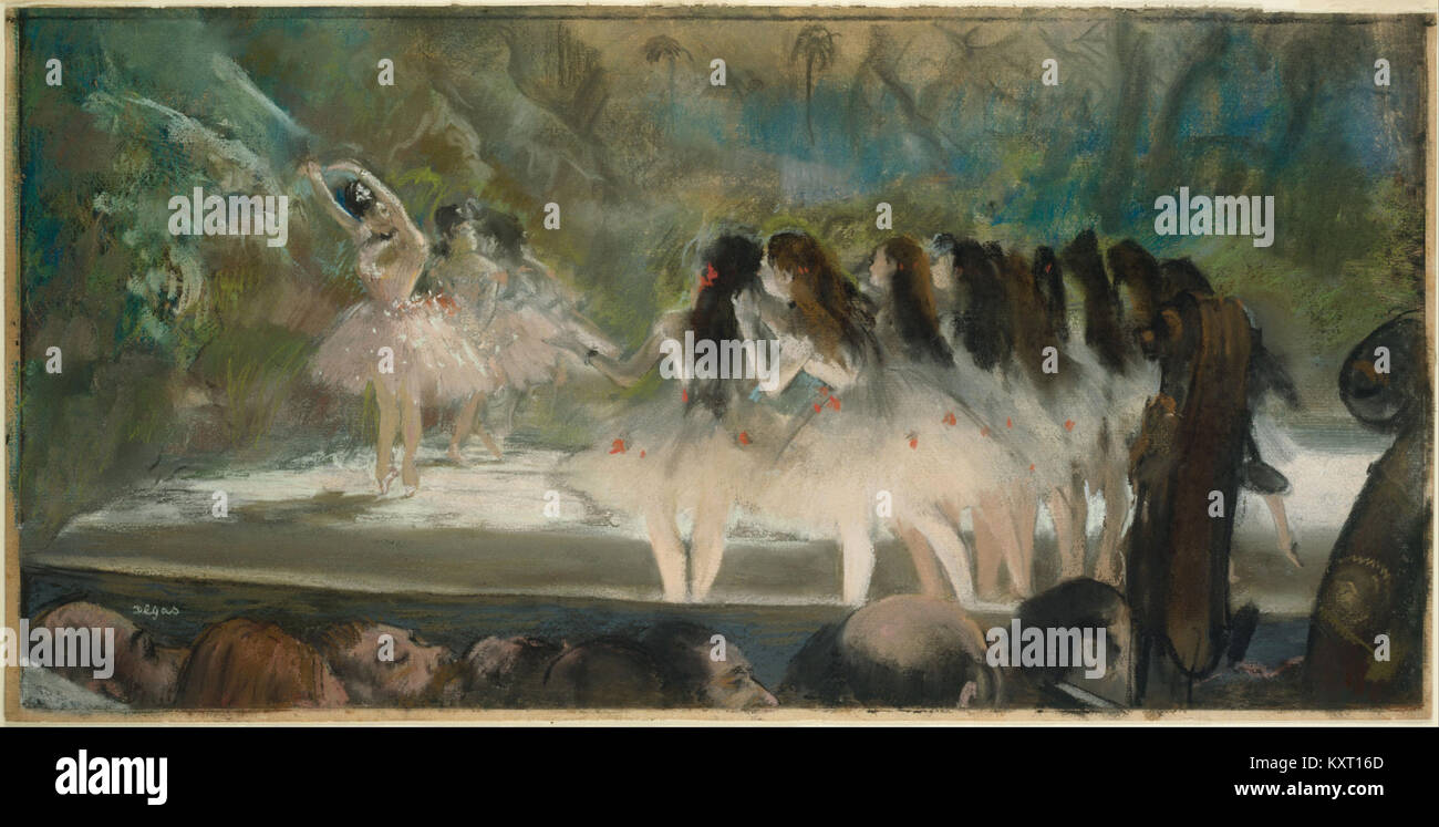 „Ballett in der Pariser Oper“ von Edgar Degas stellt Balletttänzer in Bewegung dar und unterstreicht die fließende und anmutige Bewegung ihrer Bewegungen. Das Gemälde veranschaulicht Degas’ Können, Licht und Bewegung im Kontext der Ballettaufführung einzufangen. Stockfoto