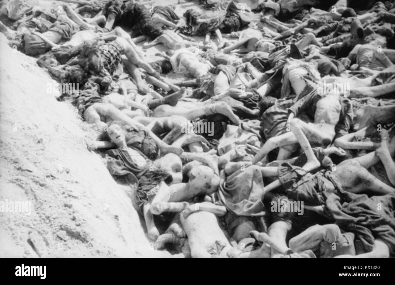 Eine Fotografie aus dem Jahr 1945, die eines der drei Massengräber in Bergen-Belsen zeigt, die von den Befreiern entdeckt wurden. Das Bild dient als düstere historische Aufzeichnung, die die Gräueltaten des Zweiten Weltkriegs und die Schrecken des Holocaust dokumentiert. Stockfoto