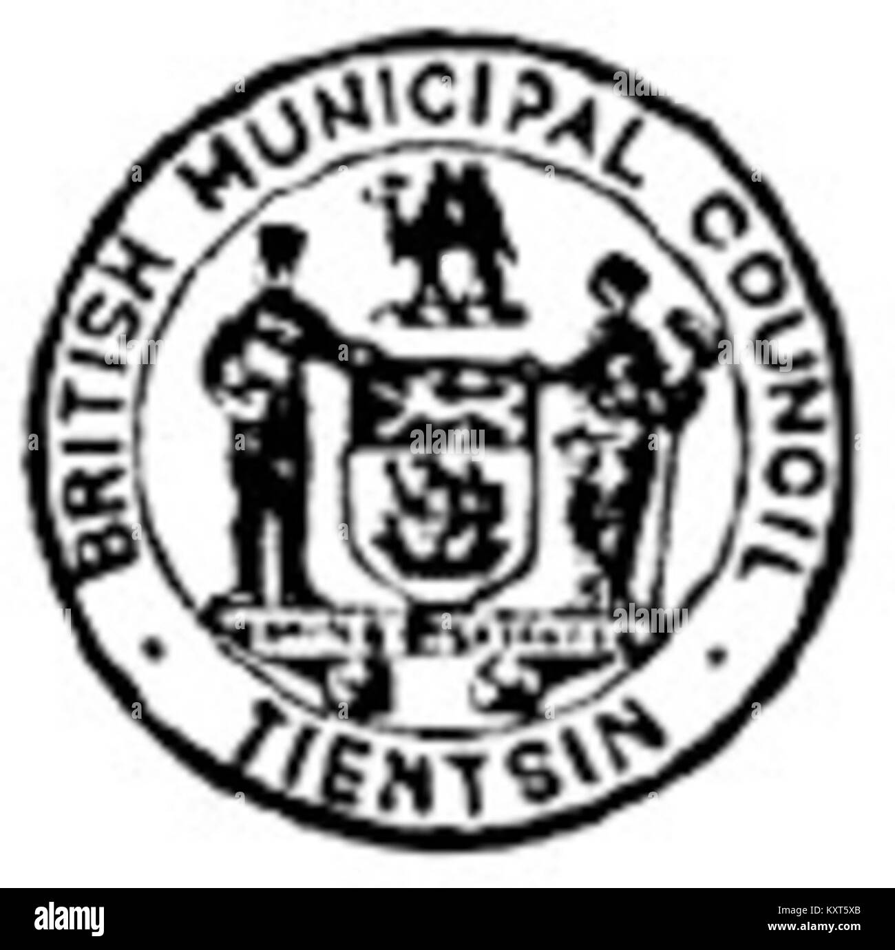 Das Emblem repräsentiert den Tientsin British Municipal Council, der die Verwaltungsgewalt der britischen Konzession in Tianjin, China, während des frühen 20. Jahrhunderts symbolisiert. Stockfoto