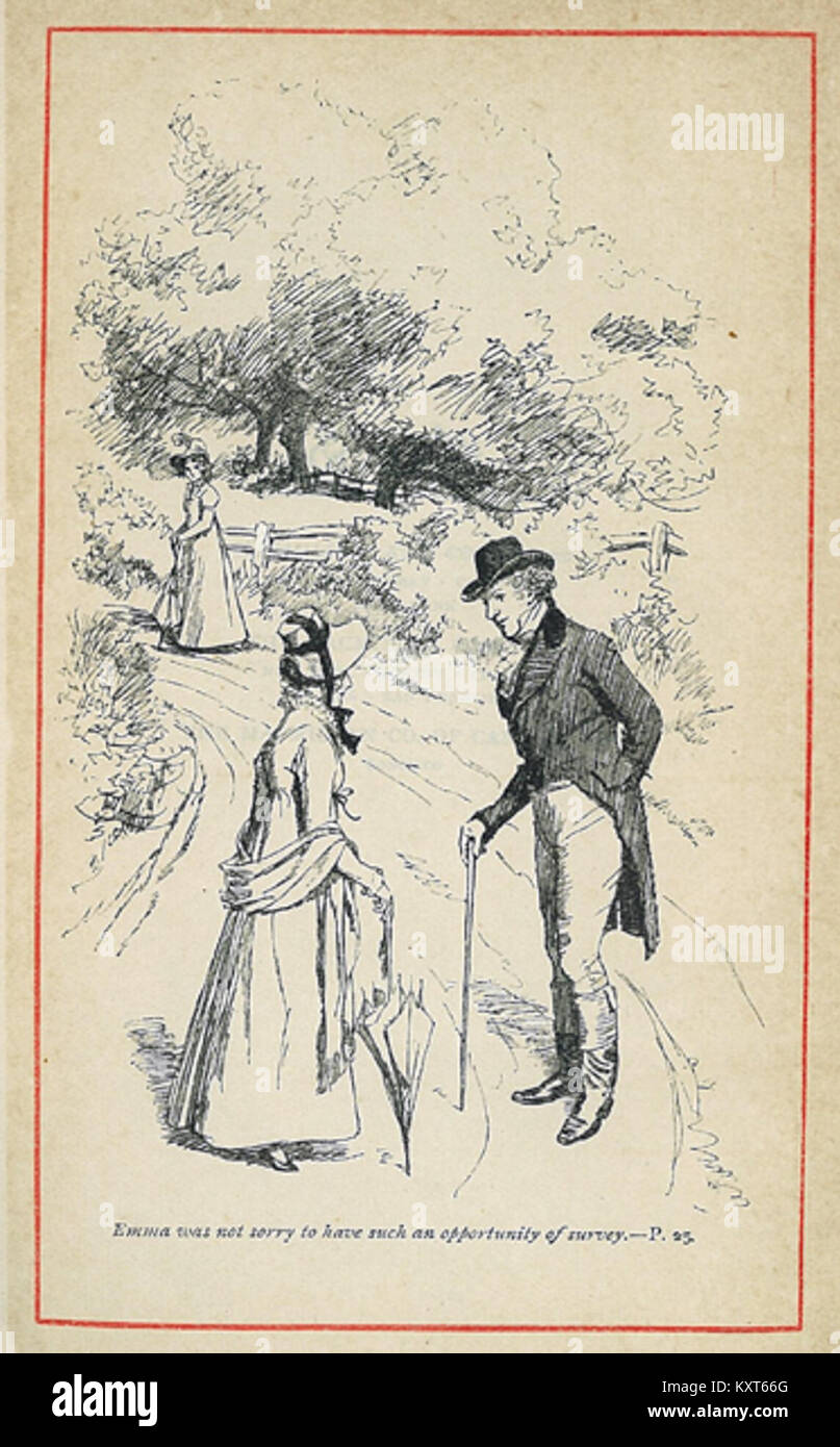 Das Frontispiece mit dem Titel „Emma“ (Kapitel 4) ist eine Illustration, die mit Jane Austens Roman verwandt ist und eine Szene oder Figur aus dem literarischen Werk darstellt, die englische Literatur und Illustrationsstil des 19. Jahrhunderts repräsentiert. Stockfoto