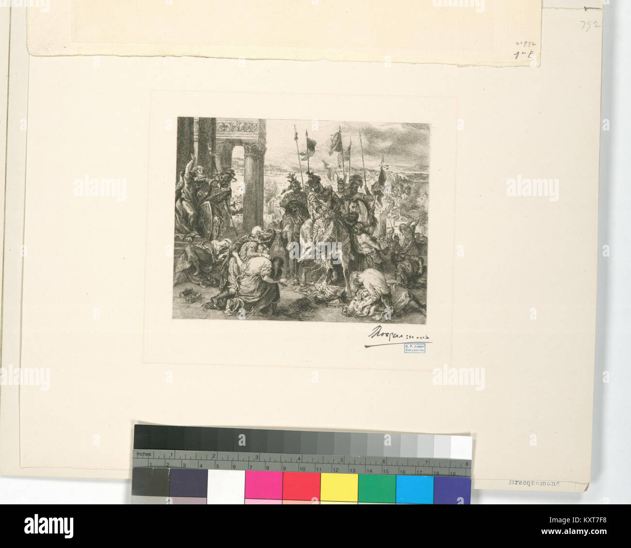 Kunstwerk nach Eugène Delacroix mit dem Titel „Einzug der Kreuzfahrer in Konstantinopel“, das ein historisches Ereignis aus dem Vierten Kreuzzug darstellt, das im romantischen Stil des 19. Jahrhunderts dargestellt wurde. Stockfoto