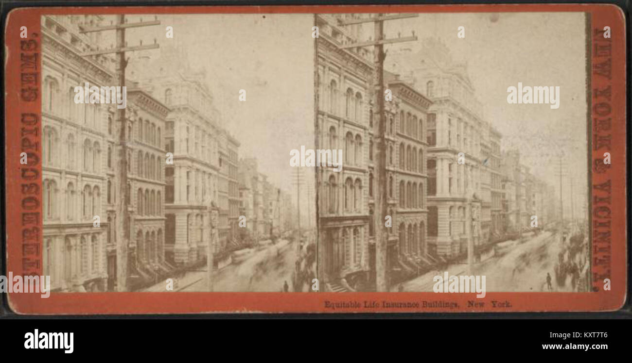 Ein stereoskopisches Bild der Equitable Life Insurance Buildings in New York City mit urbaner Architektur aus dem 19. Jahrhundert und frühen kommerziellen Wolkenkratzern. Stockfoto