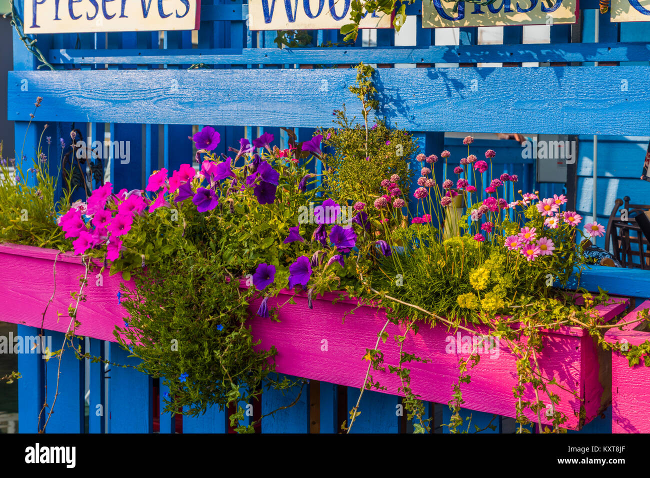 Detailson Häuser in Fisherman's Wharf eine bunte float Home Community in Victoria auf Vancouver Island in British Columbia, Kanada Stockfoto