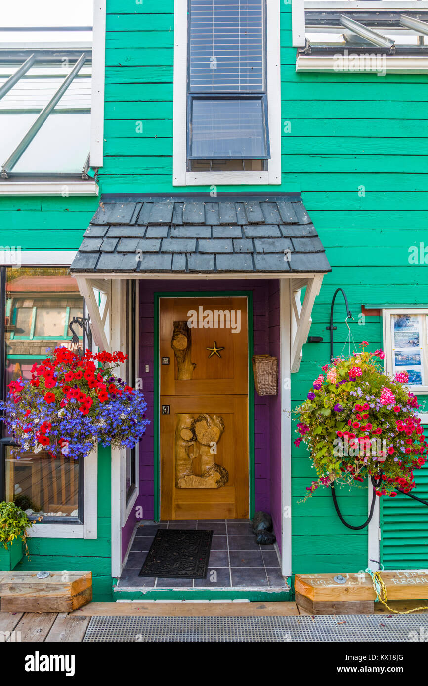 Detailson Häuser in Fisherman's Wharf eine bunte float Home Community in Victoria auf Vancouver Island in British Columbia, Kanada Stockfoto