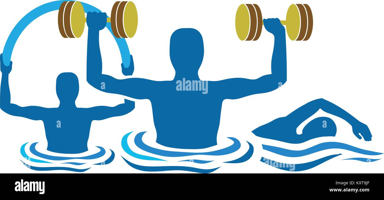 Silhouette Wassergymnastik Physiotherapie mit Hanteln und Schwimmen Stock Vektor