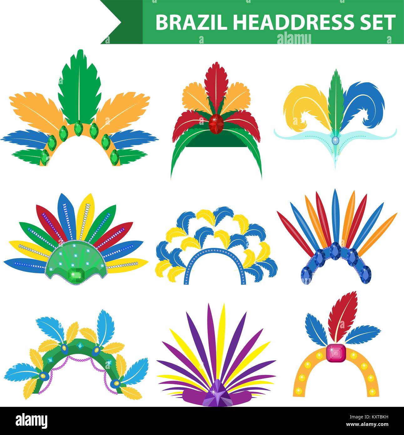 Brasilien Feather Stirnband Kopfschmuck Symbole Flat Style. Kopfbedeckung Karneval, Samba Festival headwear. Auf weissem Hintergrund. Vector Illustration. Stock Vektor