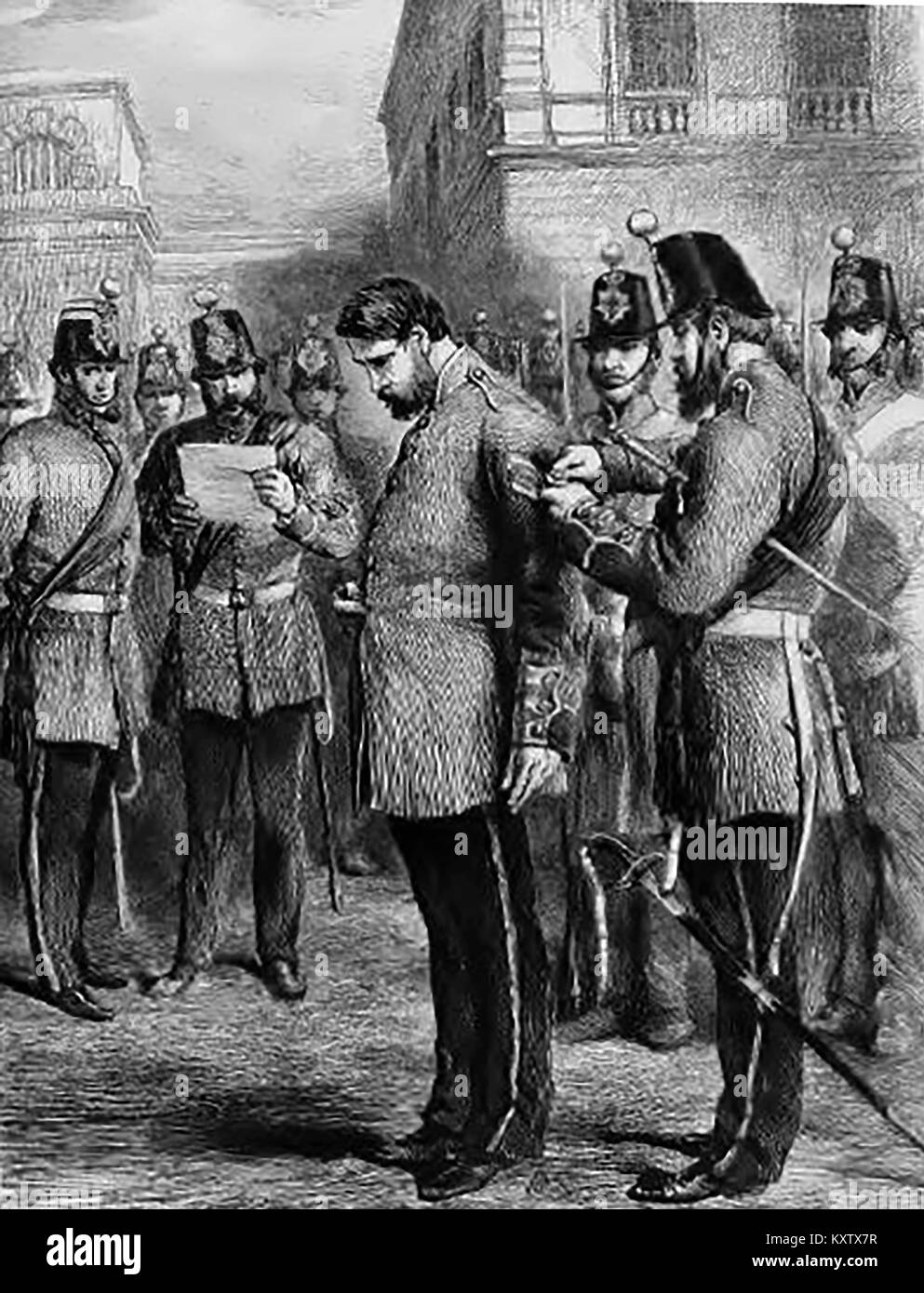 Armee Disziplin - in die Reihen reduziert - (Abbau) courtA British Army officer feierlich von seinem Rang während der 1850er Jahre entfernt werden Stockfoto