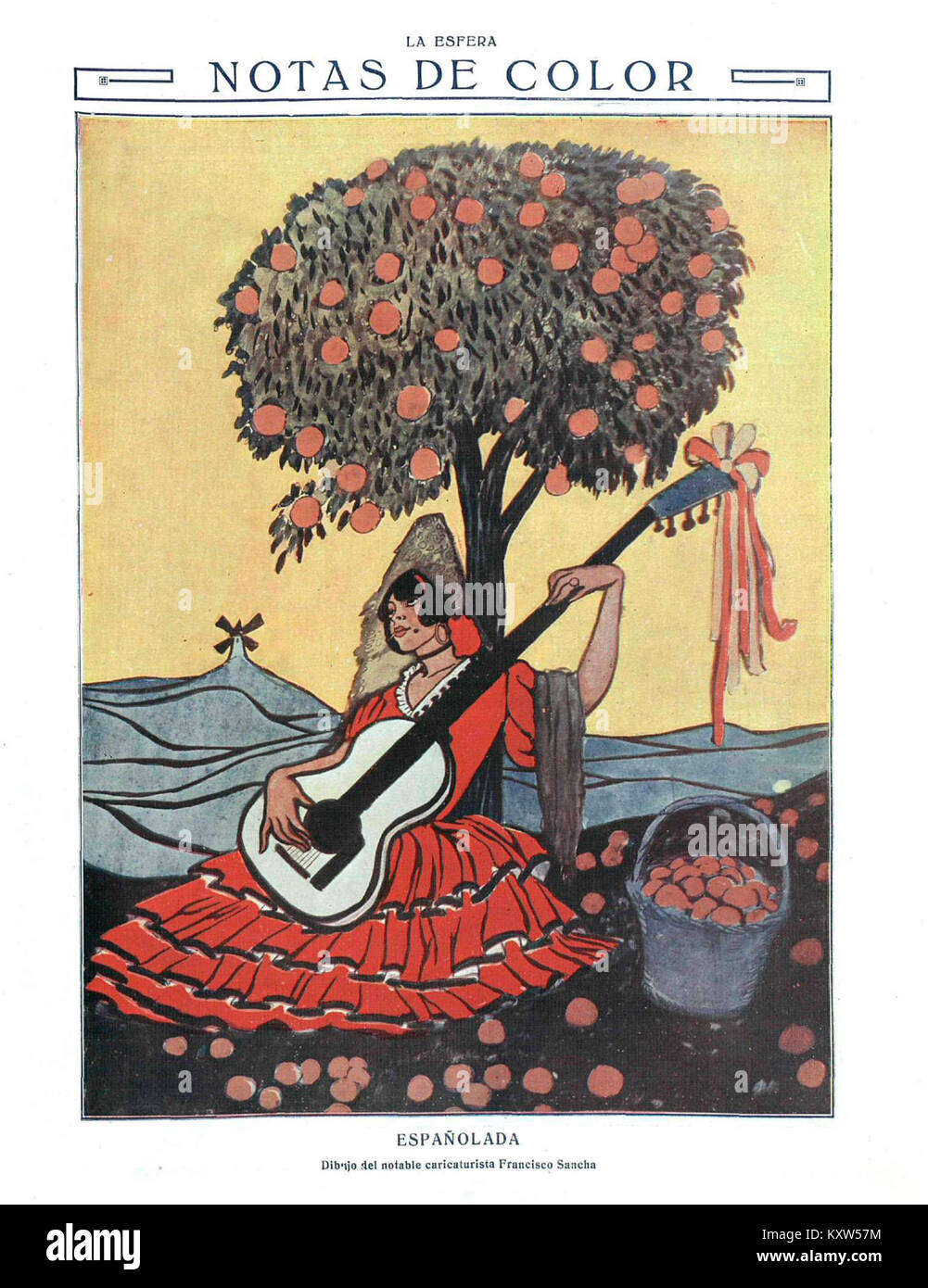 „Españolada“ ist ein artikel von Francisco Sancha, der am 25. Juli 1914 in der Zeitschrift La Esfera veröffentlicht wurde und sich mit dem Begriff „españolada“ befasst, um stereotype spanische Folklore und Traditionen in Kunst und Medien des frühen 20. Jahrhunderts zu beschreiben. Stockfoto