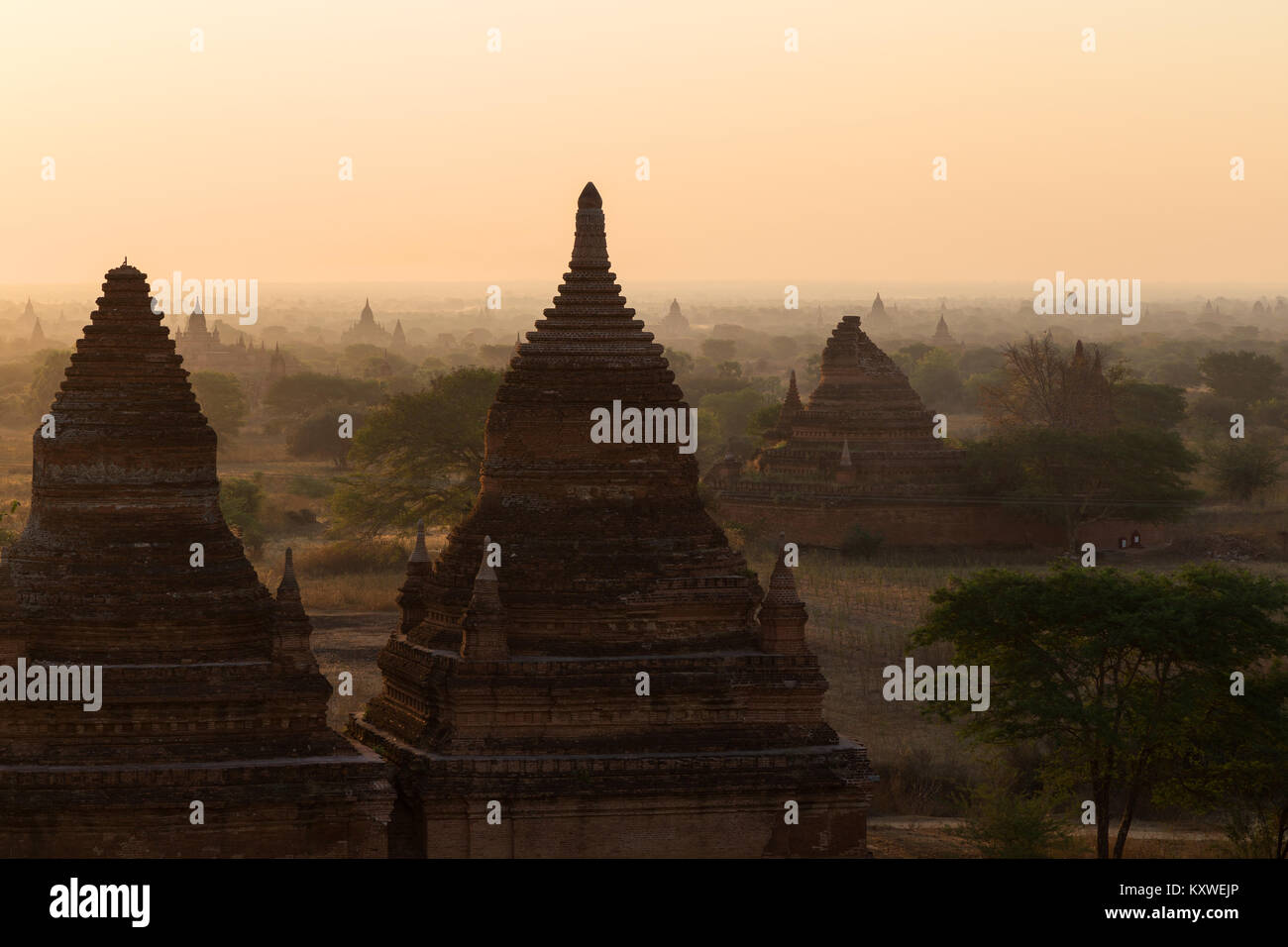 Malerischer Blick auf Bagan Ebene mit vielen Pagoden und Tempel in Bagan, Myanmar (Birma) bei Sonnenaufgang. Stockfoto