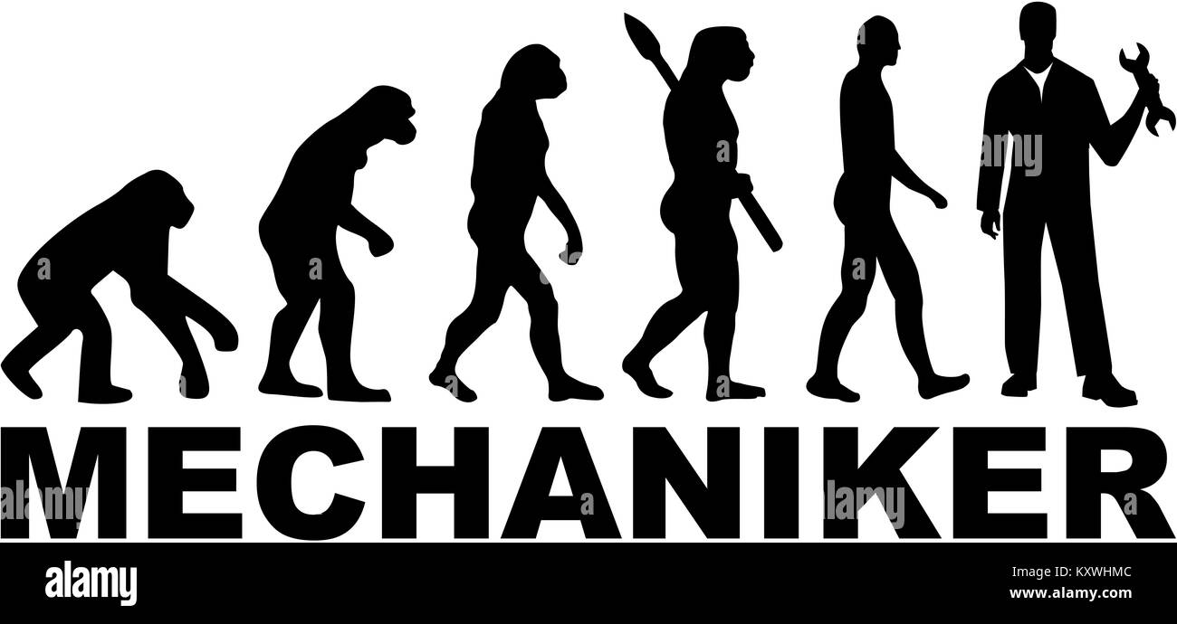 Mechaniker evolution mit deutschen Berufsbezeichnung Stockfoto