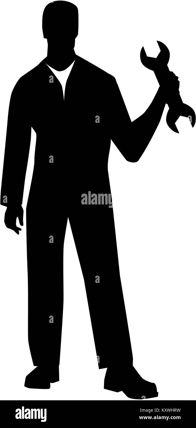 Silhouette eines Mechanikers Mann mit einem Schraubenschlüssel Stockfoto