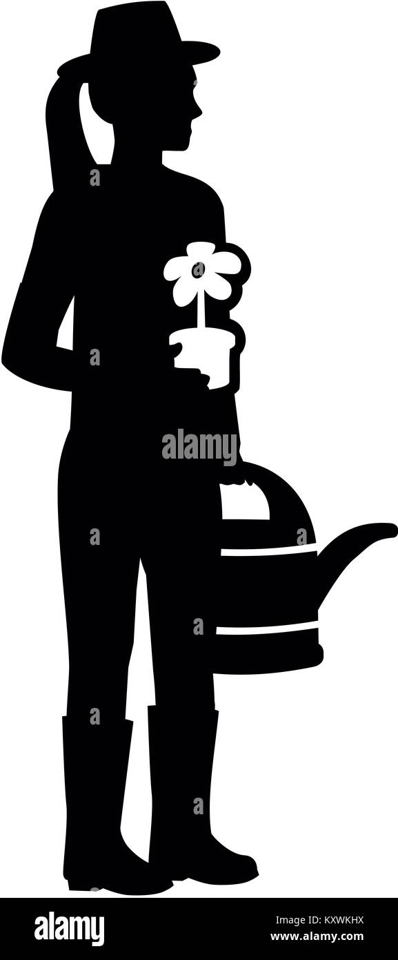 Silhouette einer Frau Gärtner mit Gießkanne und Blume Stockfotografie