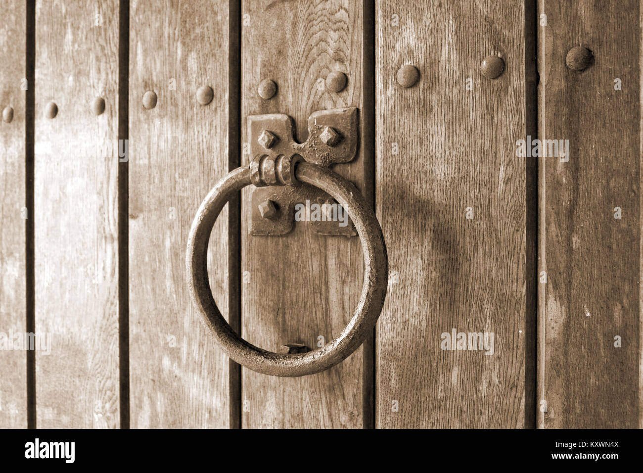 Detail der retro Türklopfer in der Form eines Ringes ist auf einem hölzernen Tor montiert. Stockfoto