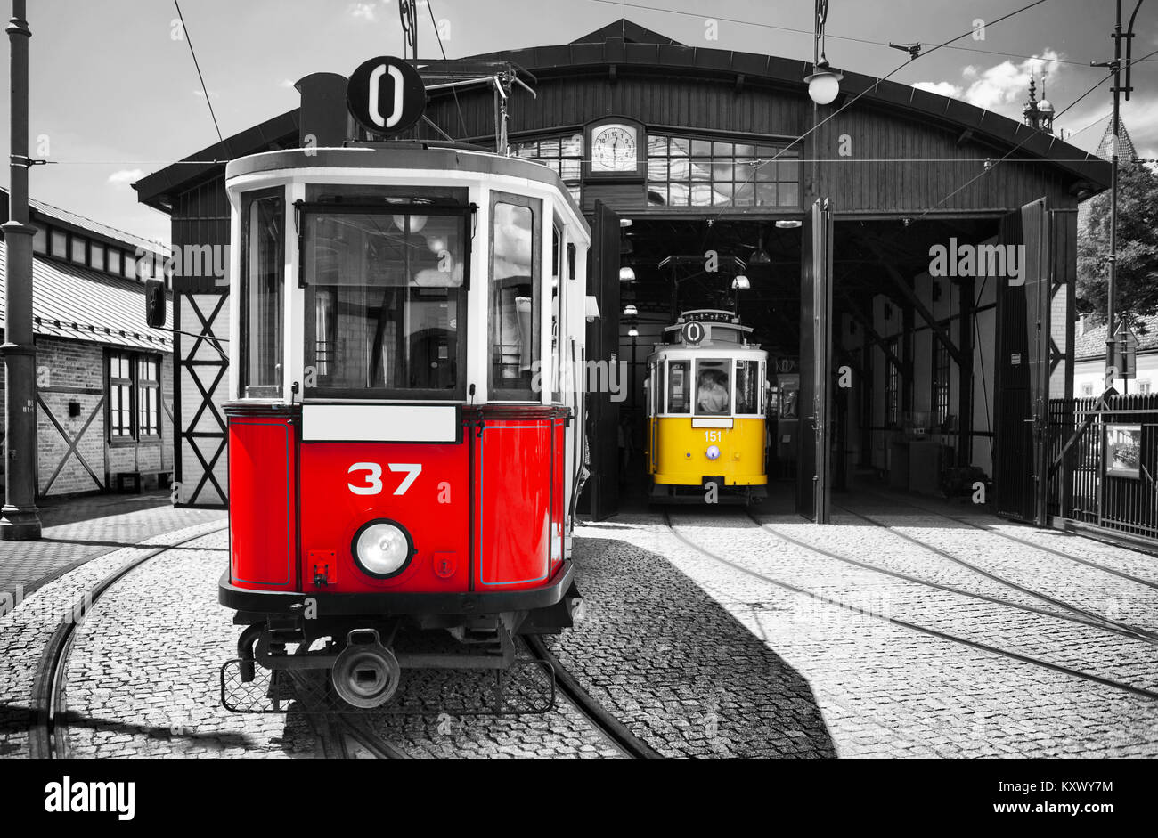 Alte und retro rote Straßenbahn Stockfoto