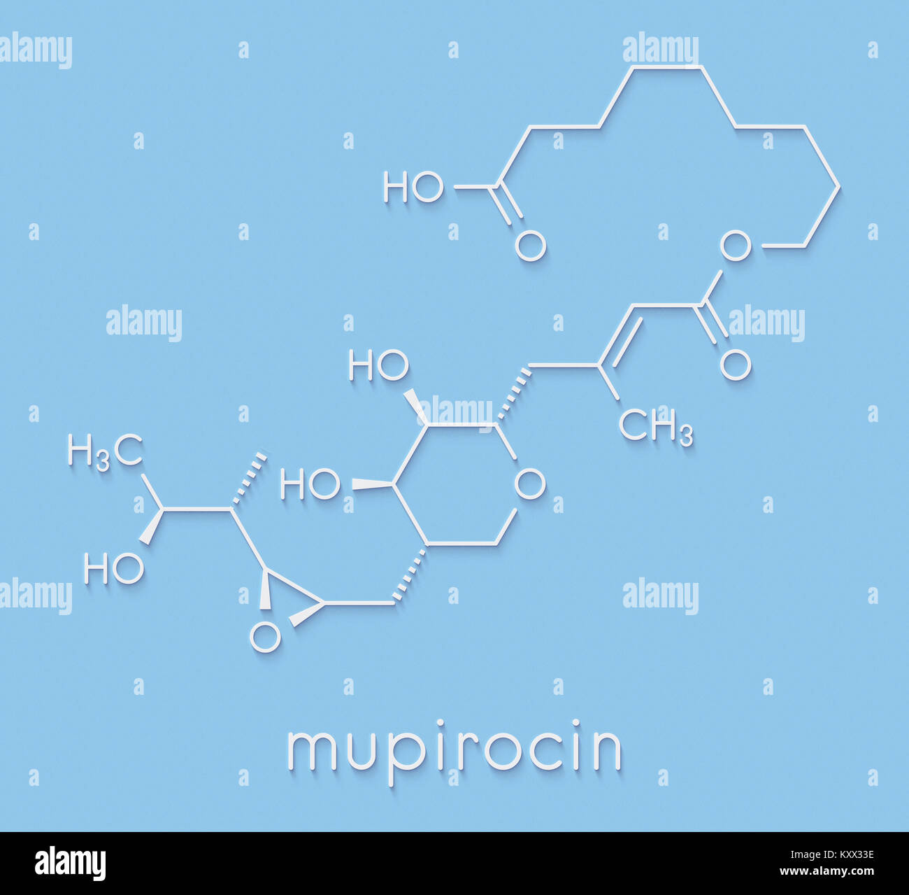 Mupirocin (pseudomonic Säure) Antibiotikum Medikament Molekül. Aktuell gegen gram-positive Bakterien verwendet. Skelettmuskulatur Formel. Stockfoto