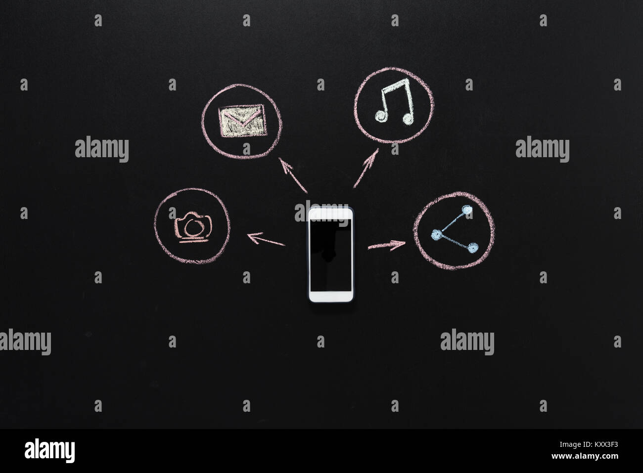 Satz von Social Networking icons rund um Smartphones mit schwarzem Bildschirm gezeichnet Stockfoto