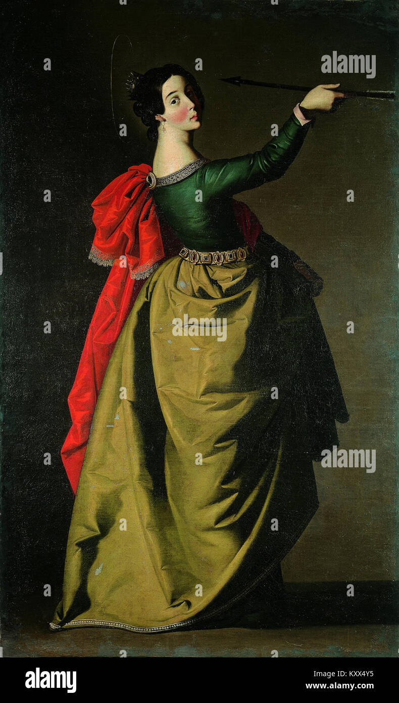 „Saint Ursula“ von Francisco de Zurbarán stellt den christlichen Märtyrer und Jungfrau dar, eine Schlüsselfigur der katholischen Hagiographie. Das Gemälde ist bekannt für seine düsteren Töne und spirituellen Tiefen, die charakteristisch für Zurbarán Barockstil sind. Stockfoto