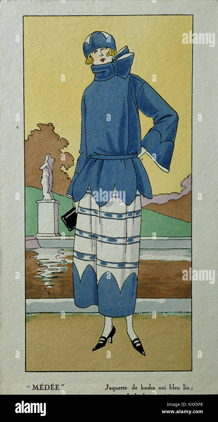 Eine Modezeichnung aus den 1920er Jahren mit dem Titel „Médée Jaquette de kasha Uni bleu lin“, die vom Nordiska Museet gehalten wurde (Beitritt NMA.0032514), zeigt ein einfaches blaues Leinenjacken-Design in einem einfarbigen Stil, der für skandinavische Zwischenkriegszeit repräsentativ ist. Stockfoto