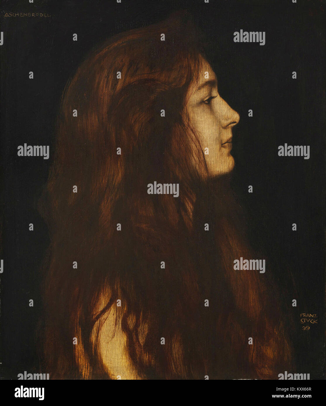 Franz von Stucks Kunstwerk „Aschenbrödel“ aus dem Jahr 1899 veranschaulicht den symbolischen Stil und zeigt mythologische und märchenhafte Themen durch dramatische Komposition, expressive Figuren und reiche tonale Kontraste. Stockfoto