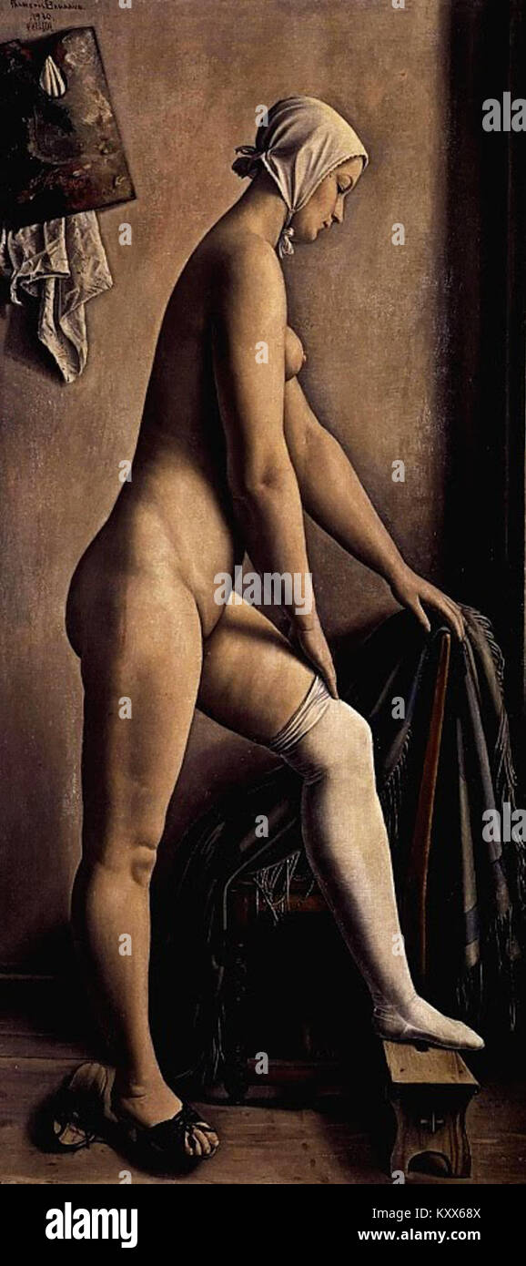 Gemälde des Schweizer Künstlers Francois Barraud mit dem Titel „La Luronne“, das ein weibliches Motiv in einem Wohnraum darstellt, typisch für seinen realistischen und menschenzentrierten künstlerischen Stil aus dem frühen 20. Jahrhundert. Stockfoto