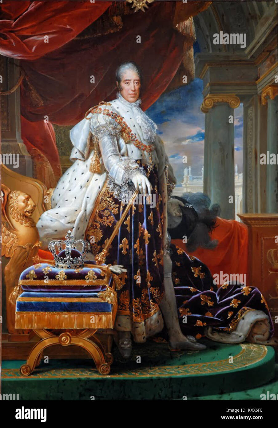 Francois Gérards Gemälde von 1829 zeigt König Karl X. von Frankreich in seinen Krönungsgewändern, was seinen königlichen Status und seine Rolle während der Bourbon Restauration unterstreicht. Stockfoto