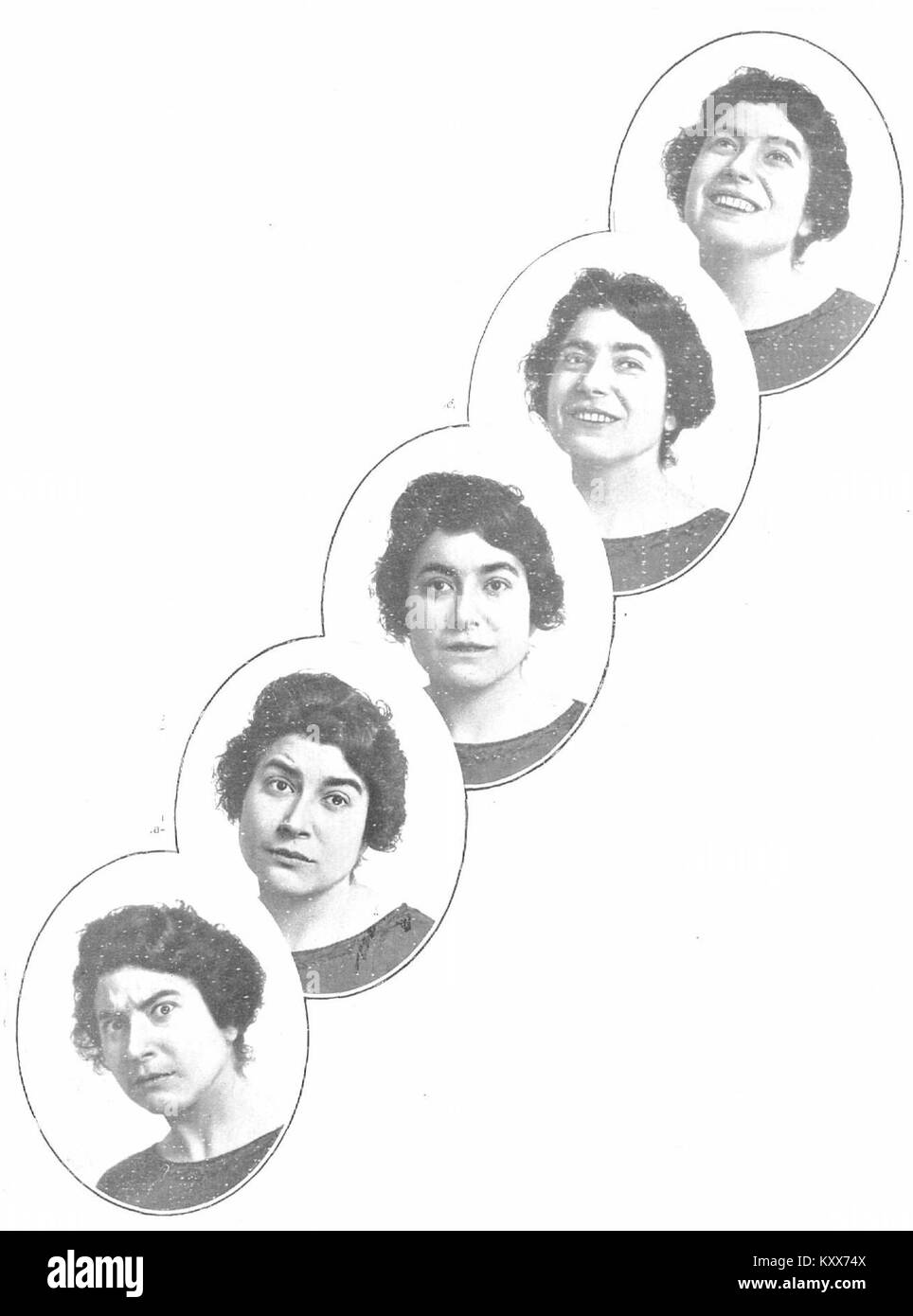 Eine Porträtstudie von Campúa 1914 der spanischen Schauspielerin Margarita Xirgu, veröffentlicht in La Esfera. Das Bild hebt Xirgus expressive Merkmale und ihre Bedeutung im spanischen Theater des frühen 20. Jahrhunderts hervor. Stockfoto