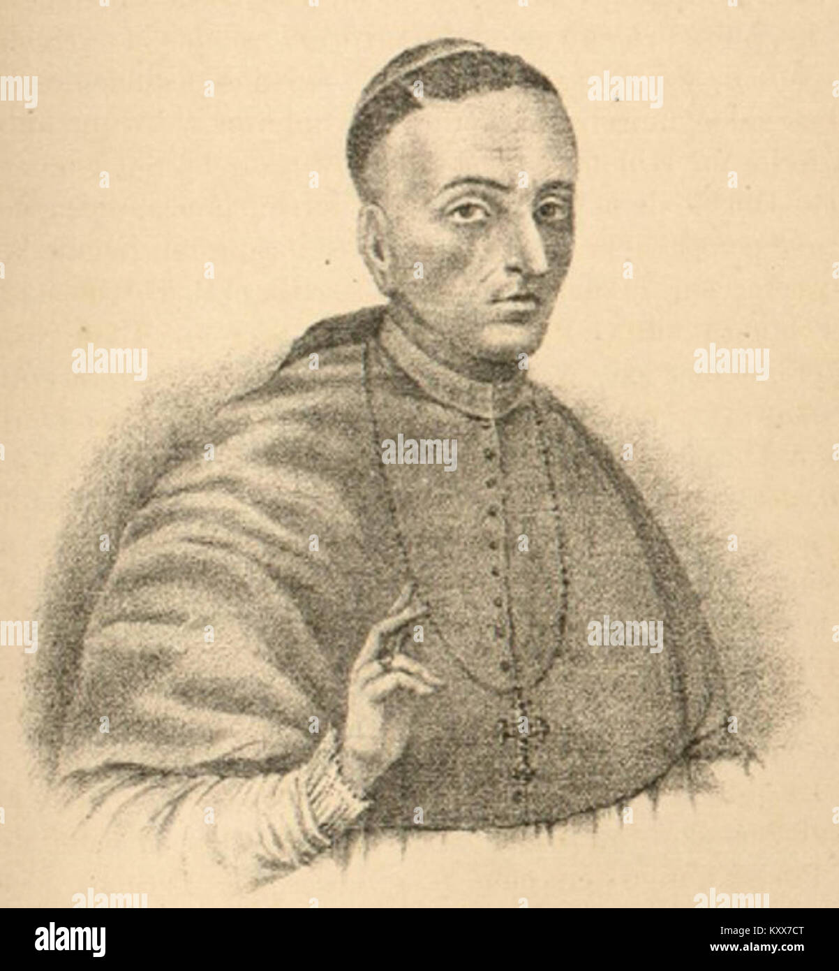 Dieses Porträt von Fray Francisco de Toral, Bischof von Yucatán von 1562 bis 1571, aus dem 17. Jahrhundert, zeigt die kirchliche Figur in Gewändern und liefert eine visuelle Aufzeichnung der spanischen Kolonialklerus in Mexiko. Stockfoto