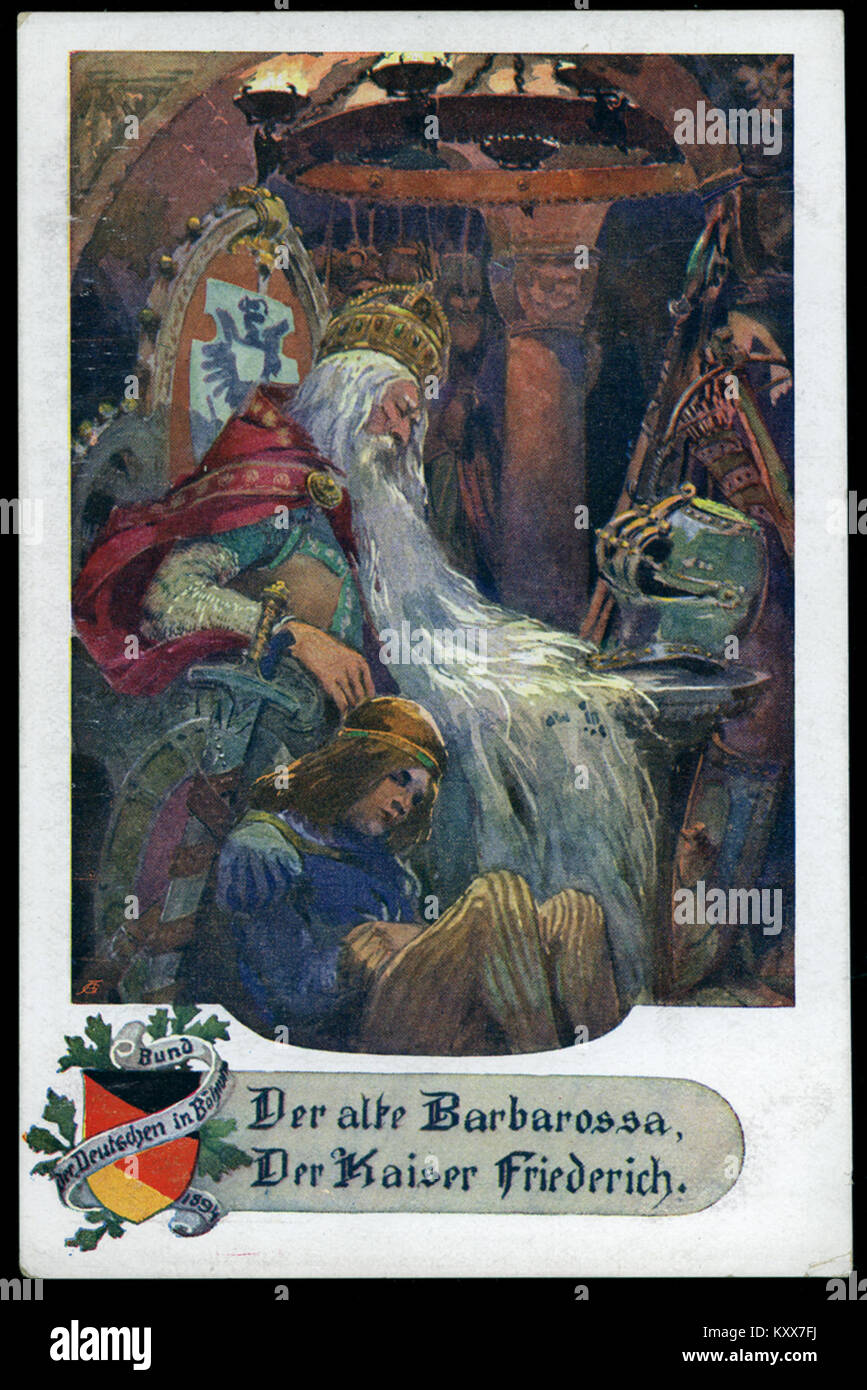 Gedenkpostkarte von 1918 mit dem Heiligen römischen Kaiser Friedrich I. Barbarossa, herausgegeben vom Bund der Deutschen in Böhmen, die die deutsche nationalistische Stimmung widerspiegelt. Stockfoto