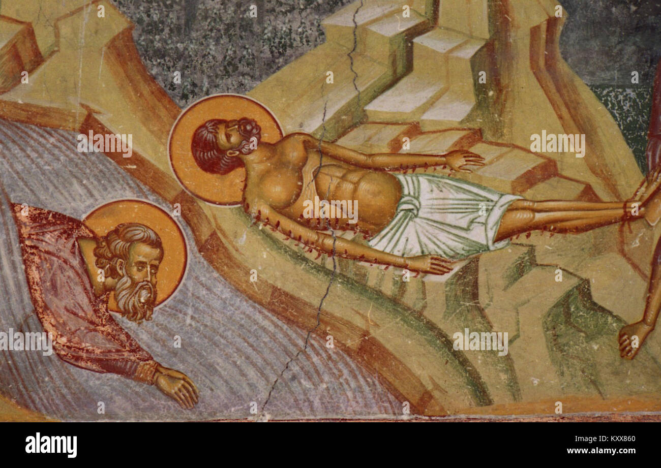 Die Wandgemälde in der Nikolaikirche in Varoš zeigen große Kriegerheilige und Szenen der Passion Christi mit griechischen Inschriften, die im byzantinischen Stil auf einer Steinkirche aus dem 12. Jahrhundert in Prilep ausgeführt wurden. Stockfoto