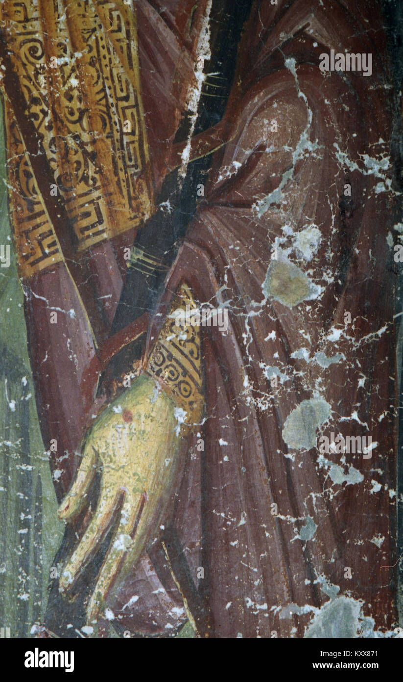 Die Fresken in der Kirche St. Nikolaus in Varoš in Prilep, Nordmakedonien, stammen aus dem späten 13. Bis frühen 14. Jahrhundert und zeigen religiöse Szenen, Heilige und Krieger in vollen Zyklen an den Kirchenschiffen und Apsismauern. Die Kirche ist mit einem einschiffigen Kirchenschiff und reicher Keramik-Kunststoff-Dekoration gebaut, die charakteristisch für byzantinische und post-byzantinische Kunst in der Region ist. Petit Futé+2Wanderlog+2 Stockfoto