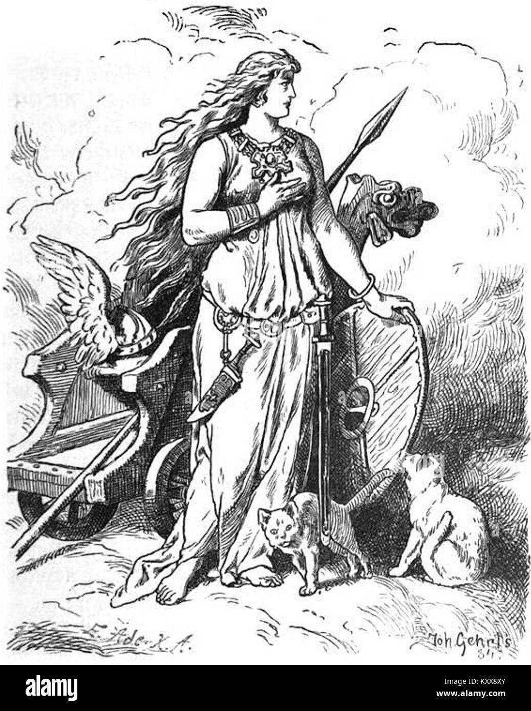 Eine Illustration der nordischen Göttin Freya von Johannes Gehrts, die die mythologische Figur darstellt, die mit Liebe, Schönheit und Fruchtbarkeit in der nordischen Mythologie verbunden ist, in detailliertem künstlerischen Stil dargestellt. Stockfoto