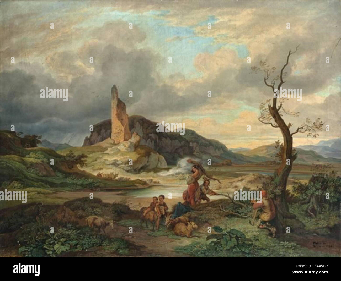 Ein Landschaftsgemälde von Friedrich Preller dem Älteren aus dem Jahr 1832 mit dem Titel „Torre di Quinto“, das die italienische Landschaft in der Nähe von Rom mit detaillierter Naturkulisse und klassischer Komposition darstellt. Stockfoto