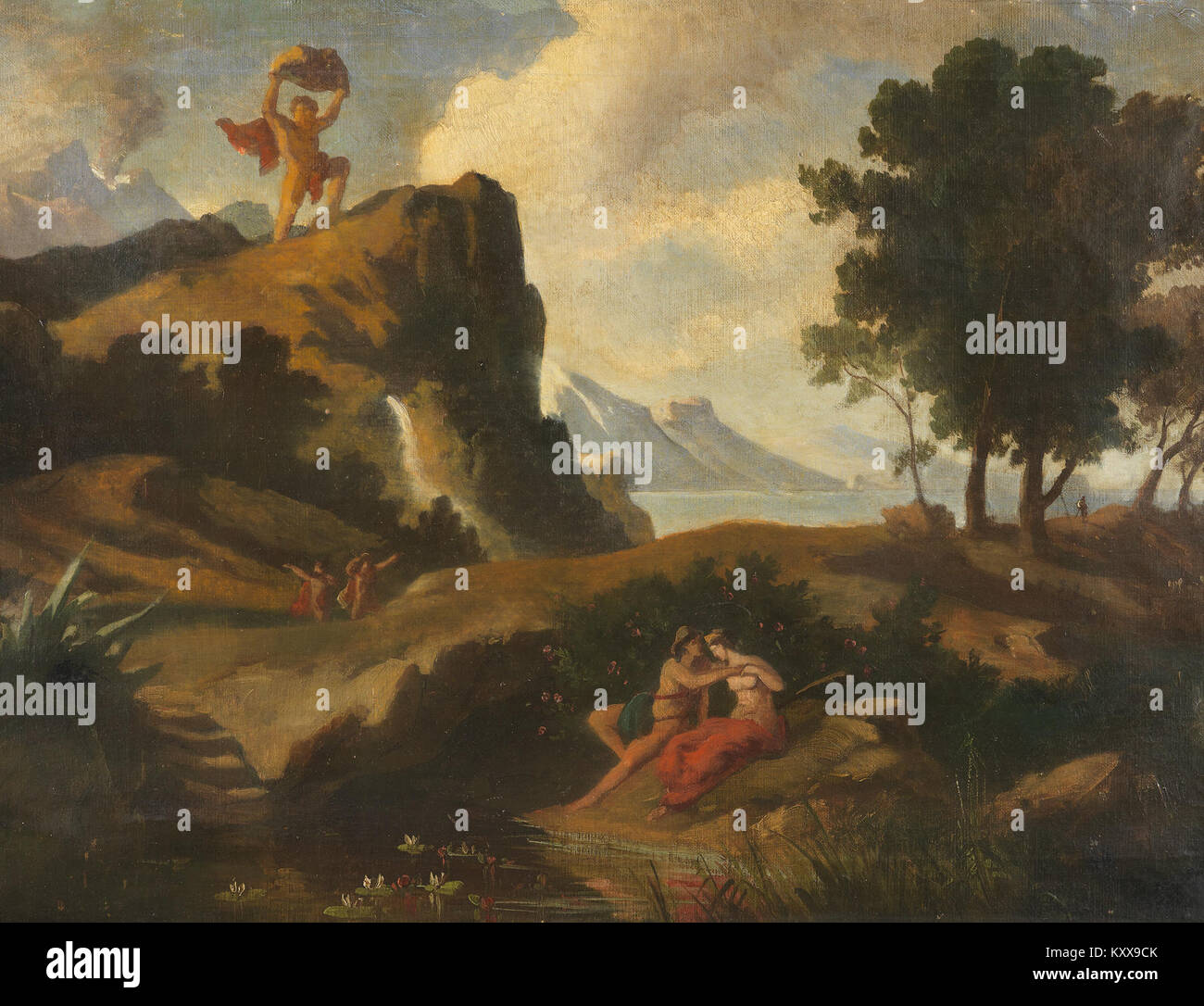 Friedrich Preller das Gemälde „der Zyklop Polyphem erschlägt Akis“ aus dem Jahr 1877 zeigt die mythologische Szene des Zyklopen Polyphem, der ACIS tötet, und veranschaulicht damit die deutsche romantische Kunst des 19. Jahrhunderts. Stockfoto