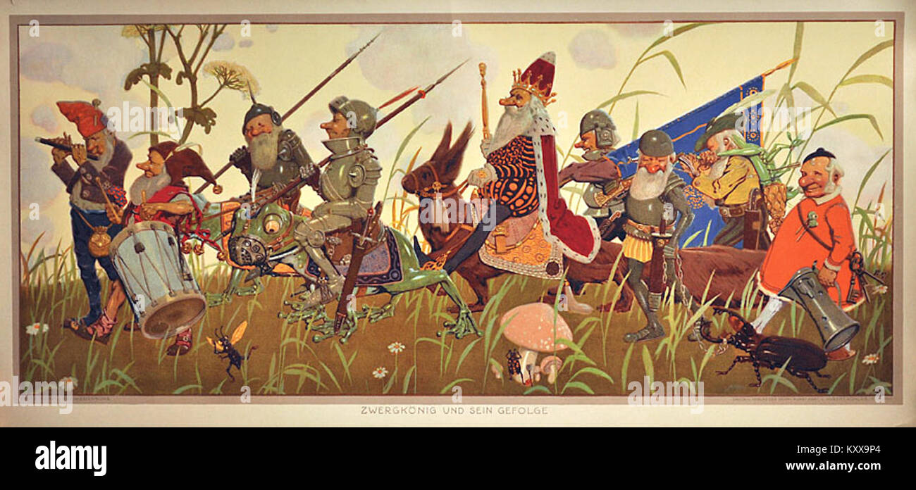 Ein Gemälde von Fritz Rehm mit dem Titel „Zwergkönig und sein Gefolge“, das eine mythologische oder allegorische Szene mit detaillierten Figuren und kräftigen Farben, die typisch für die europäische Kunst des späten 19. Jahrhunderts sind, darstellt. Stockfoto