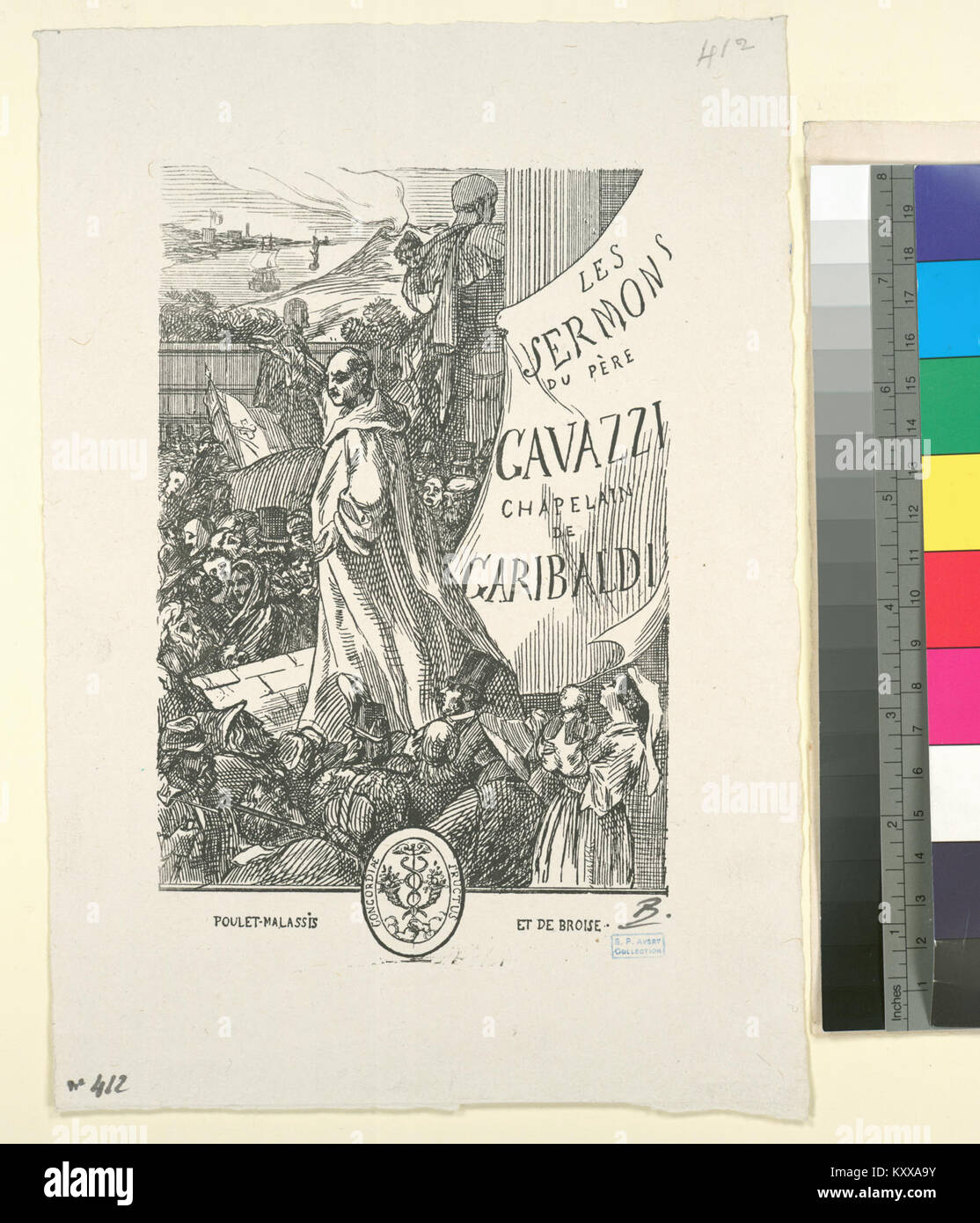 Ein unveröffentlichtes Frontispiece für „Les Premons du Père Gavazzi“, das Bilder zeigt, die mit Pater Gavazzi, dem Kaplan von Garibaldi, verbunden sind, und zeigt historischen und religiösen Kontext an. Stockfoto