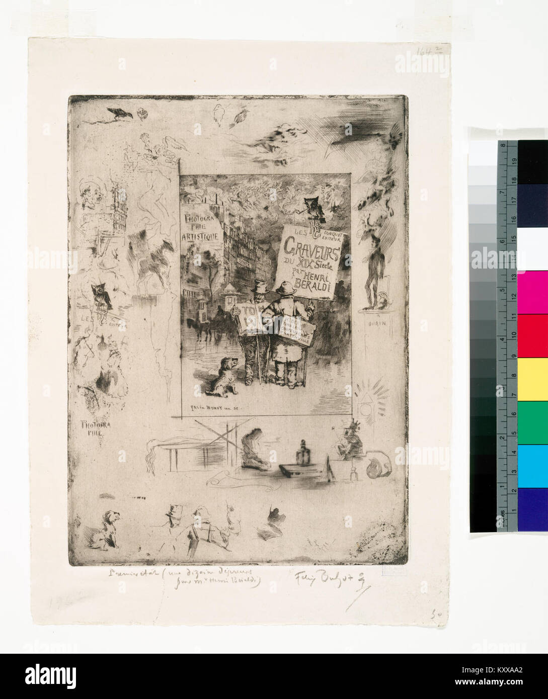 Frontispiece aus „Les Graveurs du XIXe Siècle“ von Henri Béraldi mit Porträts und Namen von namhaften Graveuren aus dem 19. Jahrhundert aus der französischen Kunstwelt. Stockfoto