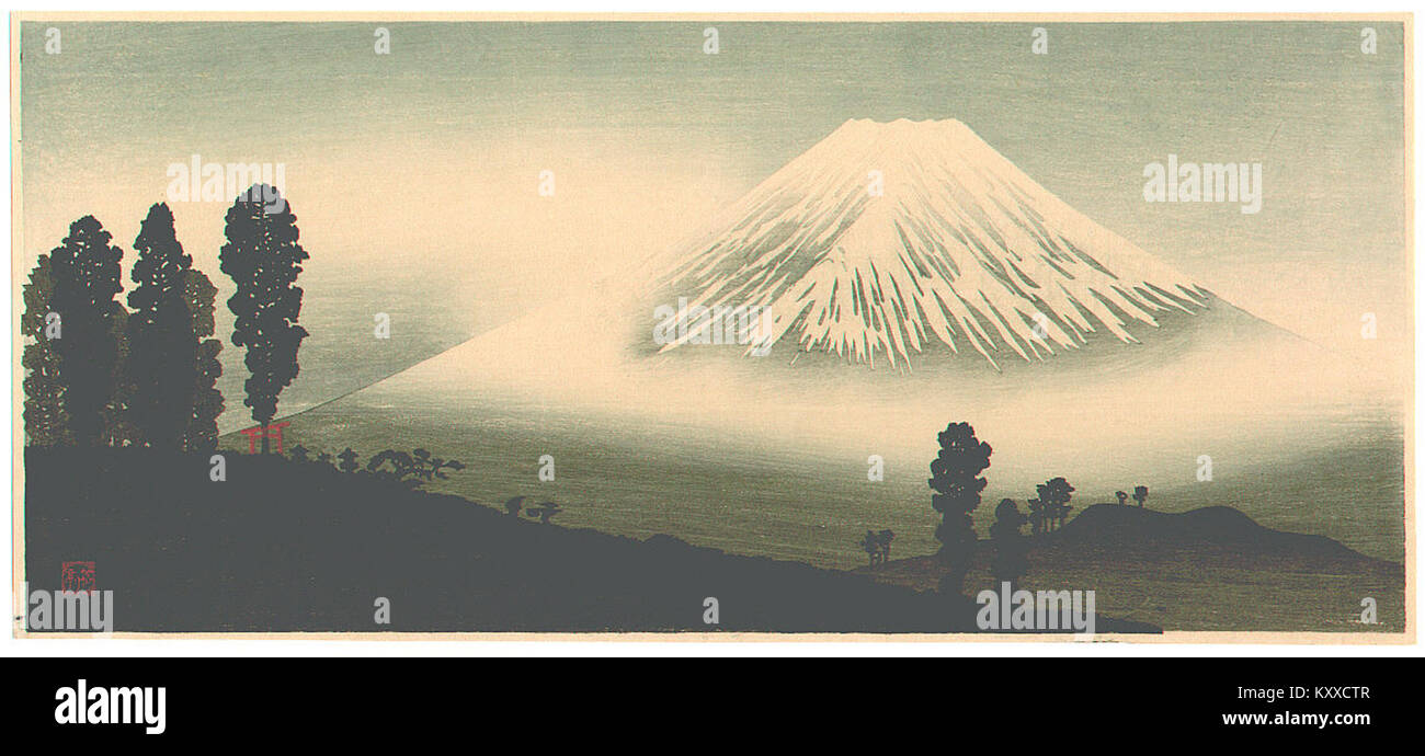 „Fuji-san“ des japanischen Künstlers Takahashi Shōtei zeigt den Fuji mit akribischen Details und zarten Farbtönen und zeigt traditionelle Shin-Hanga-Holzstickverfahren aus Japan des frühen 20. Jahrhunderts. Stockfoto