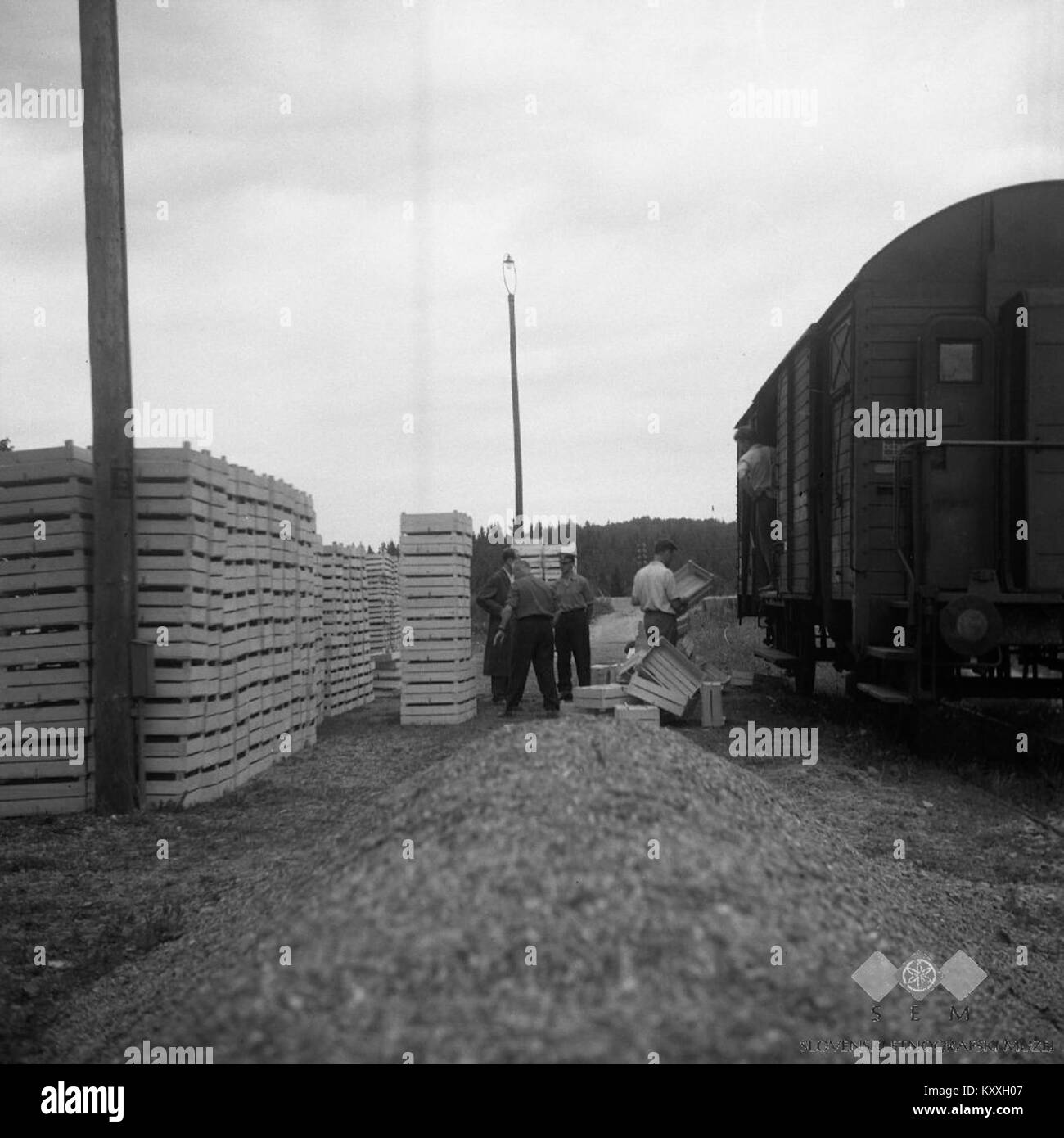 Ein Foto aus dem Jahr 1960, auf dem Arbeiter am Bahnhof Velike Lašče in Slowenien Waren in einen Zug verladen, das den Transport und den regionalen Handel der Nachkriegszeit veranschaulicht. Stockfoto