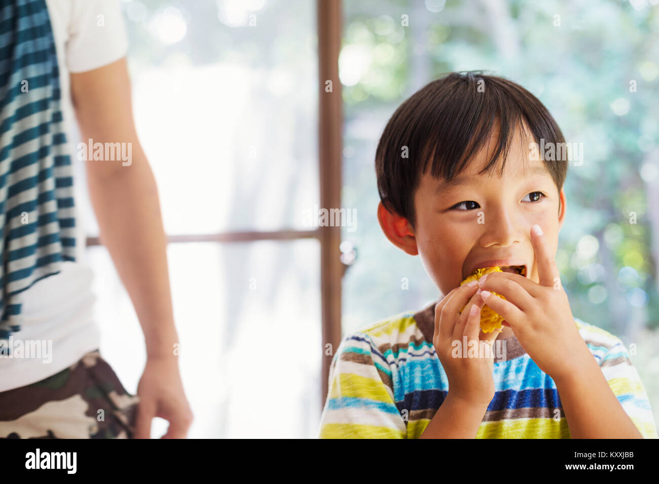 Der Junge mit den schwarzen Haaren essen Mais am Kolben. Stockfoto