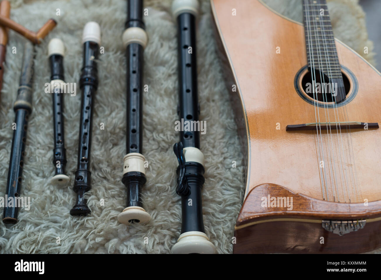 Mittelalterliche Musikinstrumente auf ein mittelalterliches Festival in Europa Stockfoto