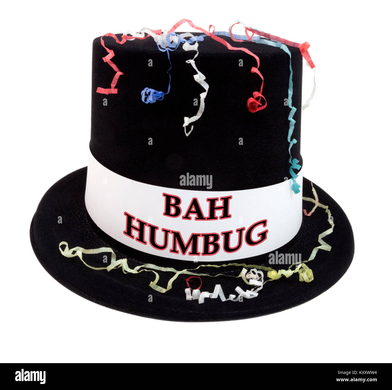 BAH HUMBUG kostüm Feier Hut mit Konfetti Streamer. Isoliert. Stockfoto