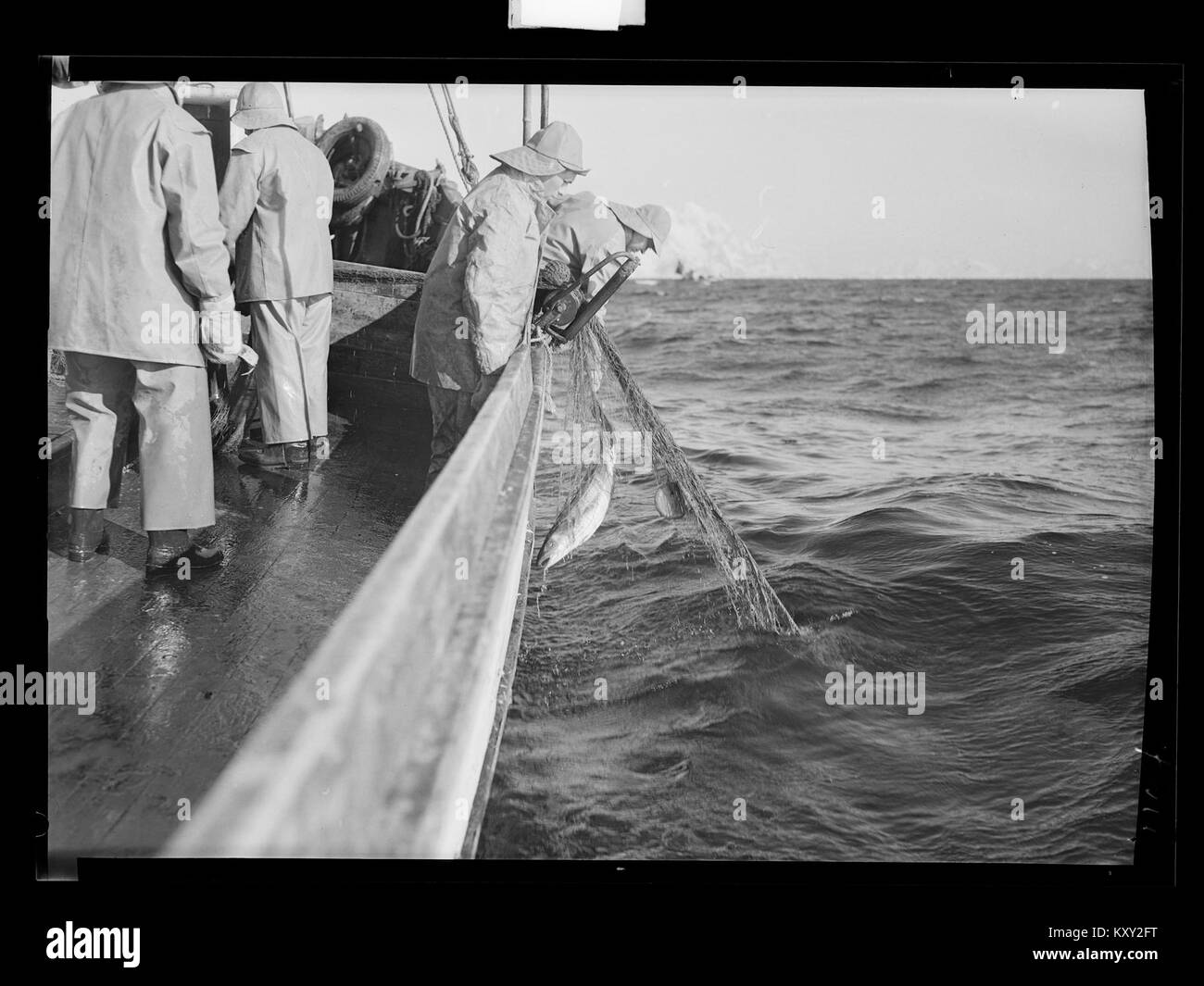 Historisches Foto mit dem Titel „Garnbåt“ aus der ­archive der Norwegischen Nationalbibliothek (NO-nb digifoto 20160511 00011 nb mit FNR 04211), das ein norwegisches Boot („garnbåt“) auf Küstengewässern zeigt, aufgenommen in einem Kontext der Mitte des 20. Jahrhunderts. Stockfoto