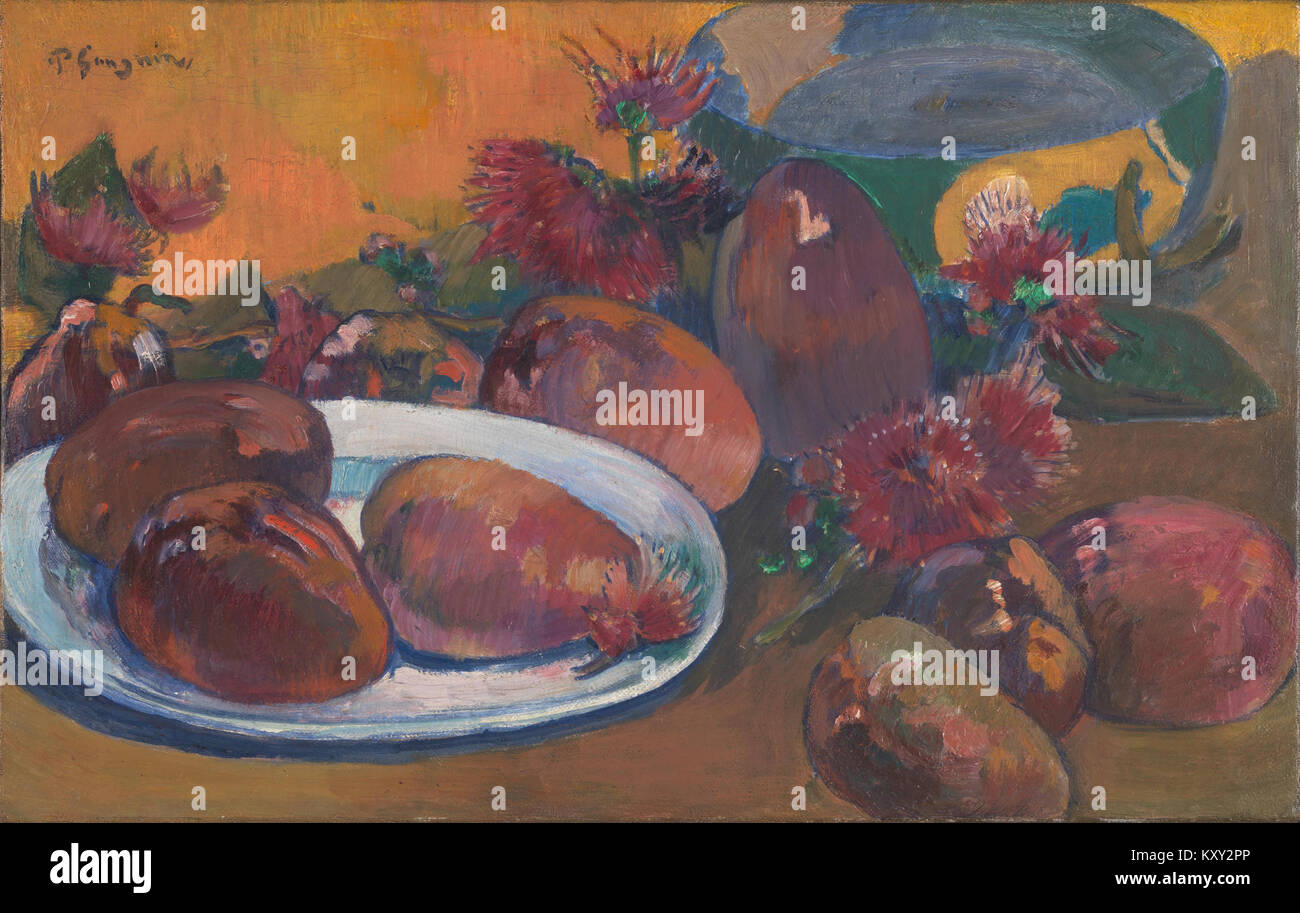 Stillleben mit Mangofrüchten von Paul Gauguin aus dem Jahr 1896 mit dem Titel „Stilleben mit Mangofrüchten“, das tropische Früchte in lebendigen Farben zeigt, die typisch für sein postimpressionistisches Werk sind. Stockfoto