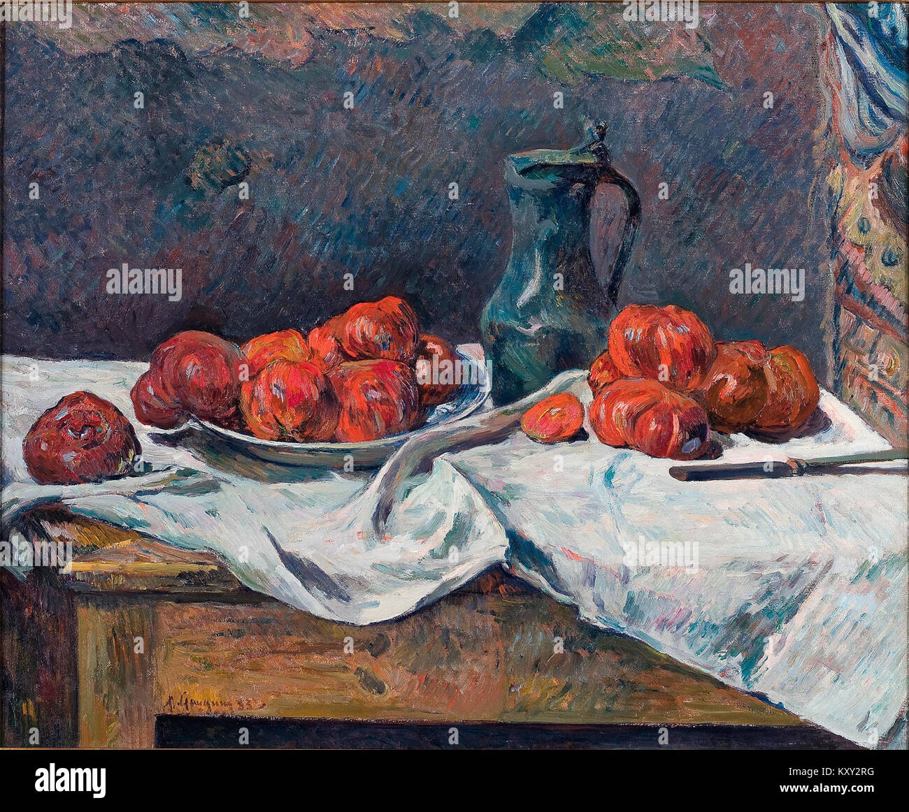 Stillleben Gemälde von Paul Gauguin, das 1883 mit dem Titel „Tomaten und ein Zinntankard auf einem Tisch“ entstand, Öl auf Leinwand (60 x 73 cm), das einen Zinntankard neben Reifen Tomaten auf einer Tischplatte zeigt, die für seine frühe Stilllebensphase repräsentativ sind. Wikimedia Commons+1 Stockfoto
