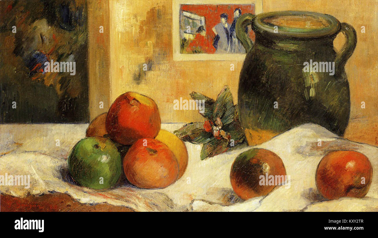 Ein Stillleben-Gemälde von Paul Gauguin aus dem Jahr 1888 mit dem Titel „Nature morte à l’estampe japonaise“, das europäische und japanische künstlerische Einflüsse vereint. Das Werk spiegelt Gauguins Interesse am Japonismus und der Farbkomposition wider. Stockfoto