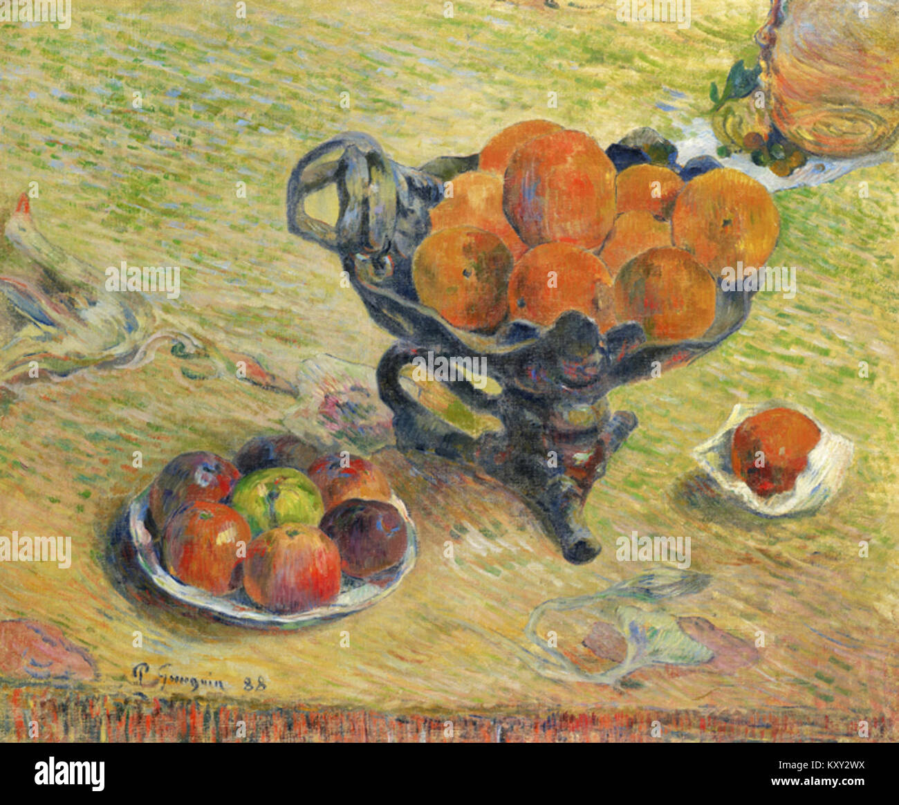 Stillleben Gemälde von Paul Gauguin aus dem Jahr 1888 mit dem Titel „Nature morte à la Coupe en céramique“, in dem Obst in einer Keramikschale dargestellt wird und seine postimpressionistische Farbe und Form veranschaulicht. Stockfoto