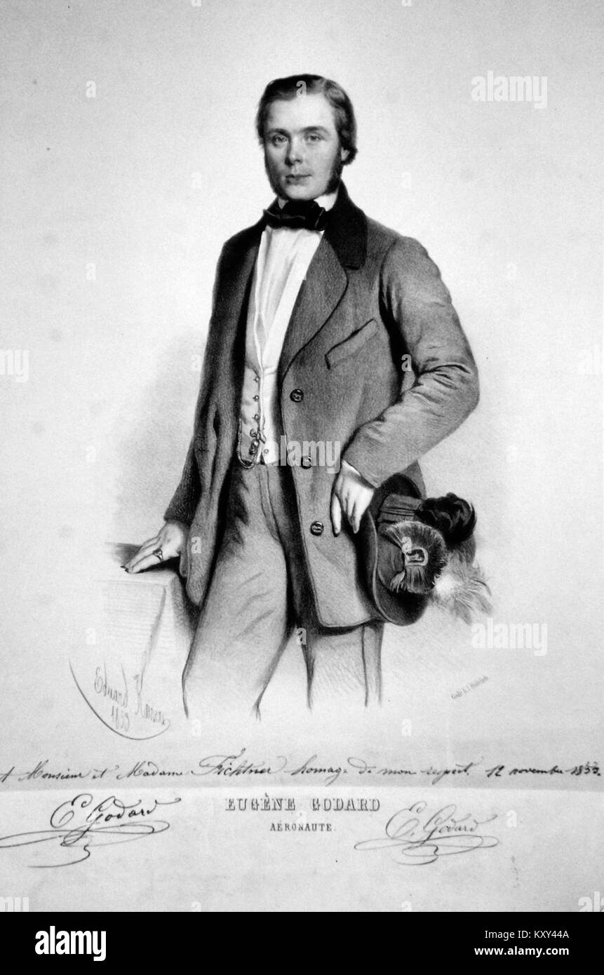 Eine Lithografie von Eugène Godard, die die detaillierte Drucktechnik des Künstlers zeigt. Das Werk repräsentiert die lithographische Kunst des 19. Jahrhunderts und spiegelt die für diese Zeit typische Präzision und Handwerkskunst wider. Stockfoto