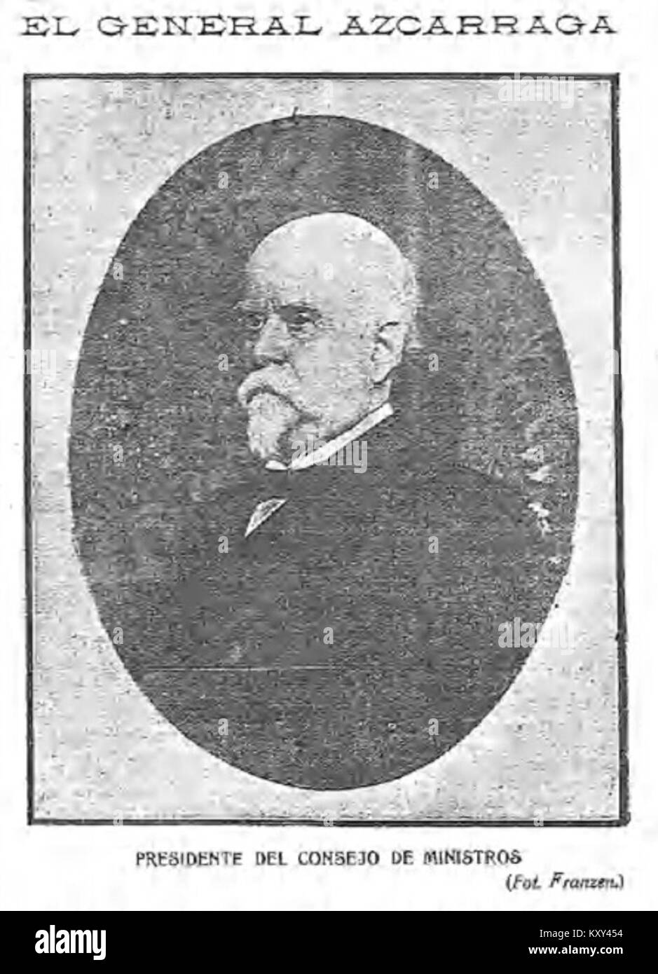 Porträt von General Azcárraga von dem Fotografen Franzen, der einen spanischen Offizier in formeller Uniform zeigt. Das Bild stellt Porträtfotografie von bedeutenden Figuren aus dem frühen 20. Jahrhundert dar. Stockfoto