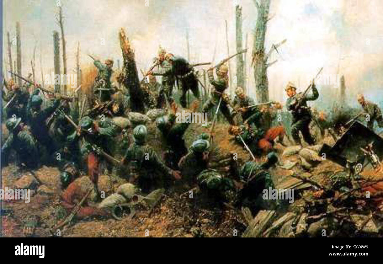 „Sturm auf den Hügel 285 im Argonne-Wald“ von Georg Schöbel (1915) zeigt eine Kampfszene aus dem Ersten Weltkrieg, in der deutsche Truppen am 13. Juli 1915 eine befestigte Höhe in der französischen Argonne angreifen. Das Öl-auf-Leinwand-Gemälde zeichnet den Angriff, das Gelände und die Militäraktion in einem historischen Kontext auf. Stockfoto