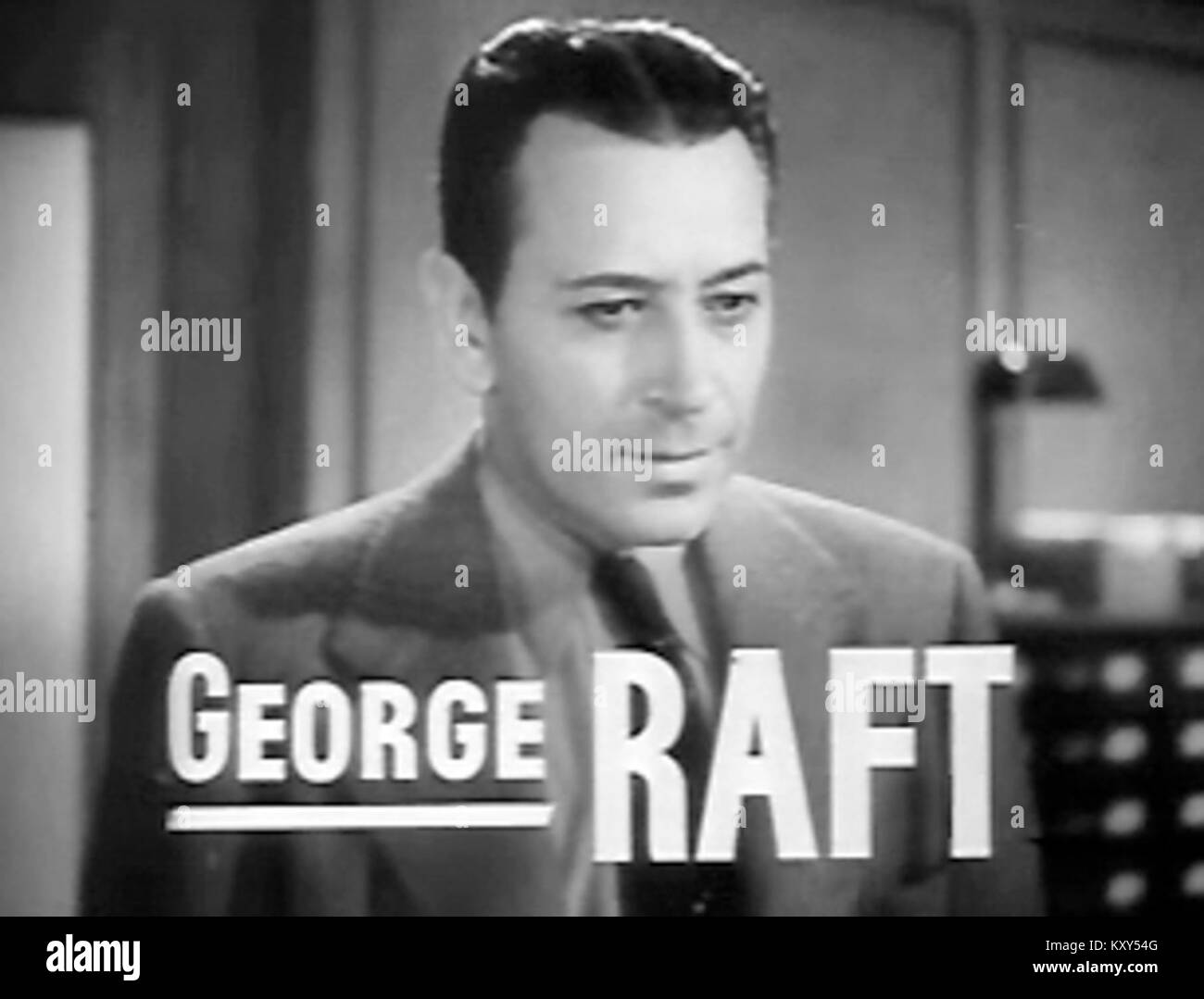Der Trailer des 1939 erschienenen Kriminaldramas Invisible Stripes zeigt den Schauspieler George Raft in seiner Hauptrolle als Cliff Taylor, ein ehemaliger Sträfling, der versucht, ein rechtmäßiges Leben nach seiner Entlassung aus dem Gefängnis zu führen. Stockfoto